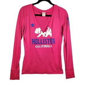 Y2K Hollister Long Sleeve Graphic T Shirt Sz L Deep V Neck Pink Layering Preppy